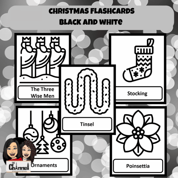 Christmas – 30 Flash cards – Black and white