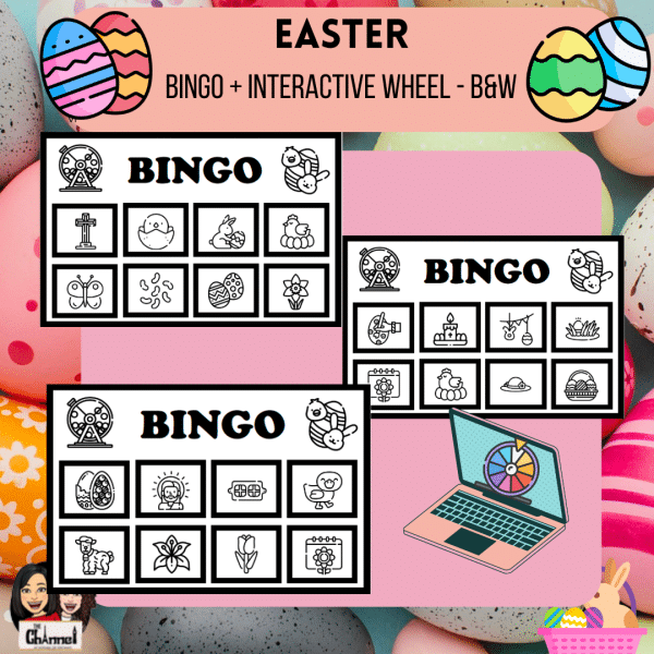 Easter – Bingo + Interactive vocabulary wheel – B&W