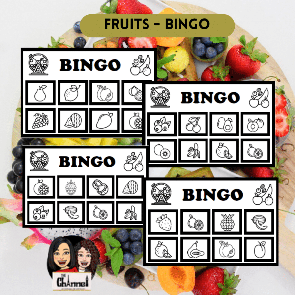 Fruit – B&W Bingo + Random Vocabulary Wheel